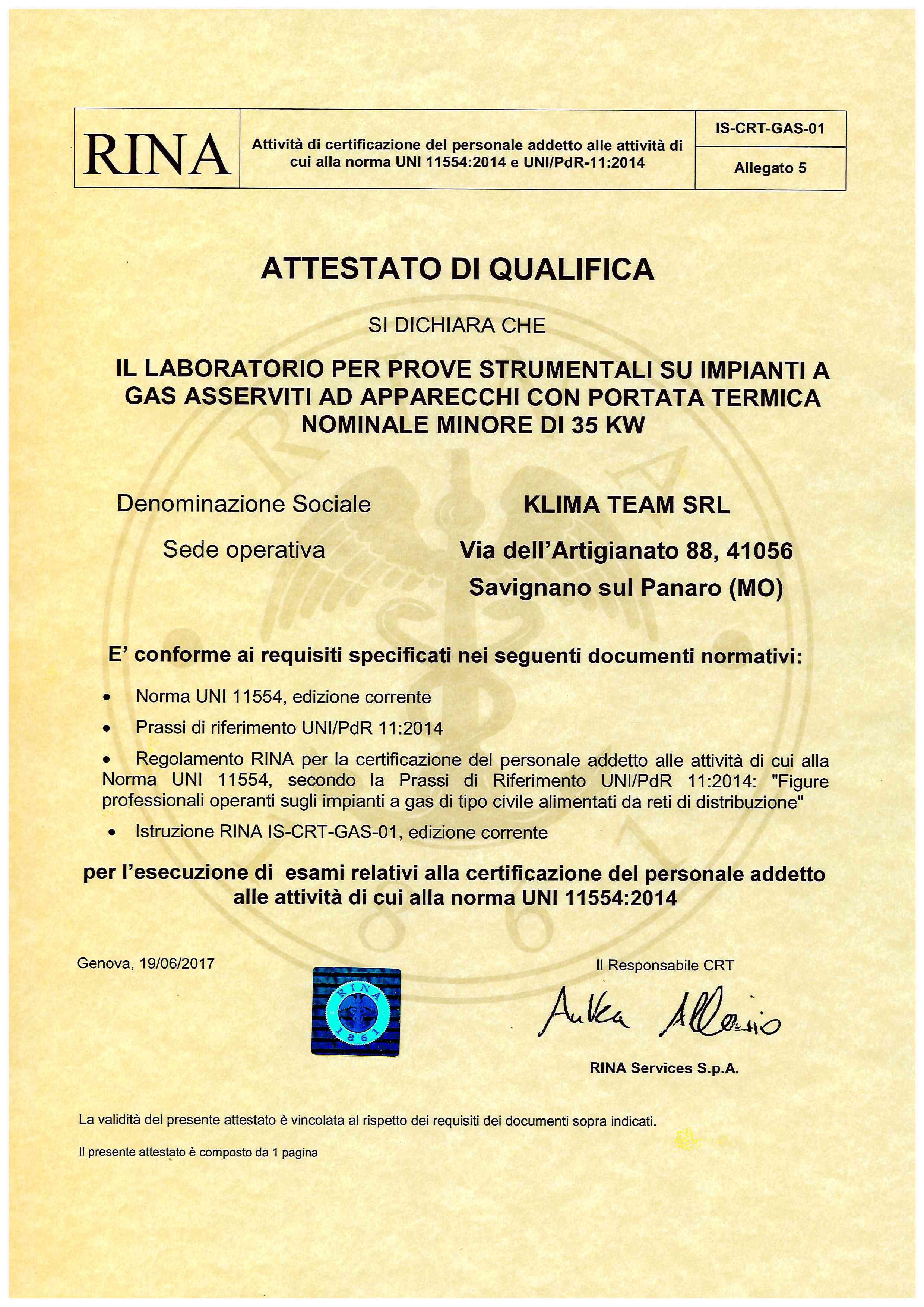 Certificazione RINA